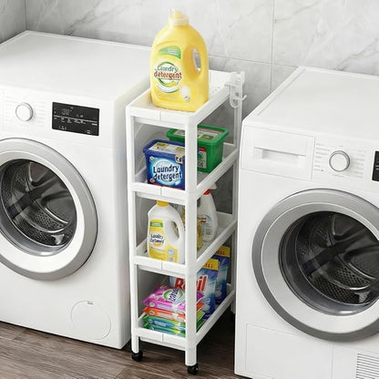 Laundry Room Cart Between Washer and Dryer Storage, Expandable Slim Laundry Cart with Wheels, 4 Tier Slim Storage Rolling Carts for Laundry Room Organization and Storage