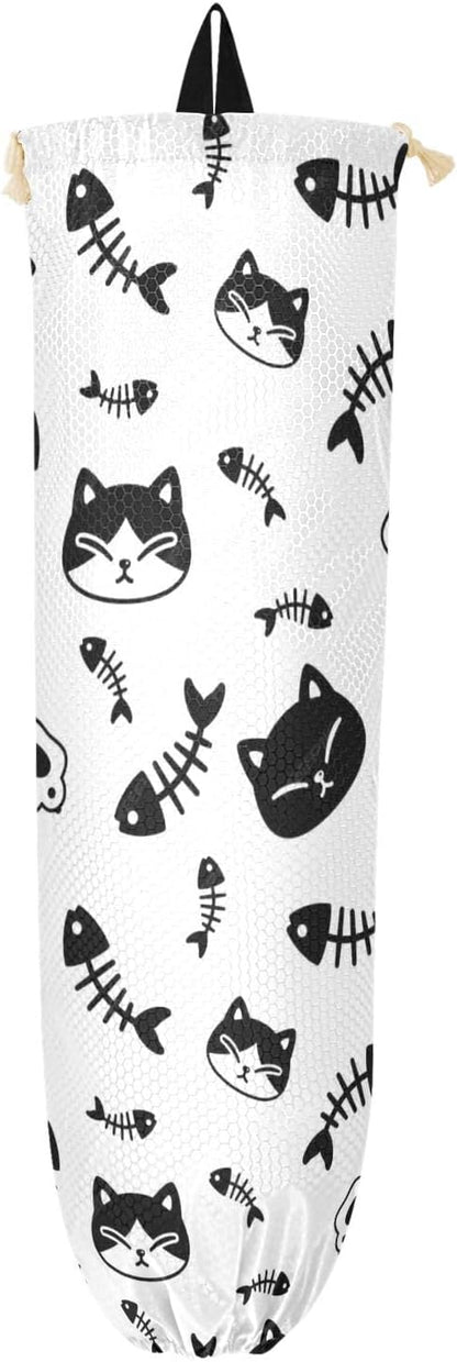 1 PC Plastic Bag Holder Wall Mount Grocery Bag Holder Shopping Bag Trash Bag Storage Organizer Dispenser for Kitchen Closet 22 x 9 Inch Cat and Fish Bone