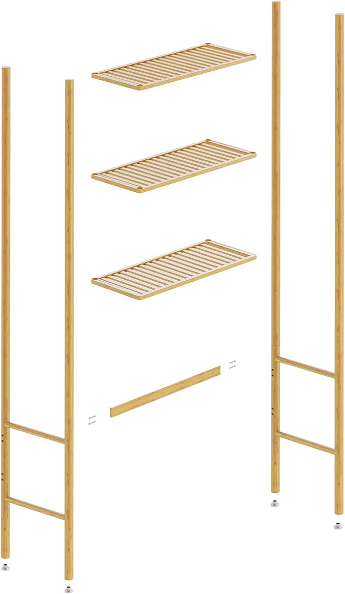 QSN SILK LU 3 Tier Over The Toilet Organizer Rack Bamboo, Freestanding Bathroom Toilet Storage Shelf, Space Saving and Easy to Install, Adjustable Feet, Adjustable Bottom Rod