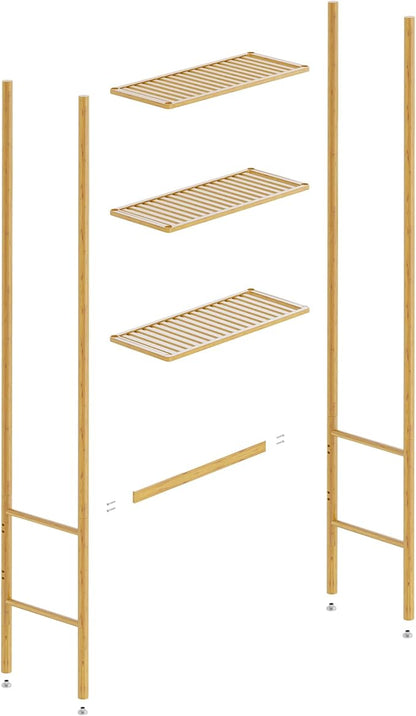 QSN SILK LU 3 Tier Over The Toilet Organizer Rack Bamboo, Freestanding Bathroom Toilet Storage Shelf, Space Saving and Easy to Install, Adjustable Feet, Adjustable Bottom Rod