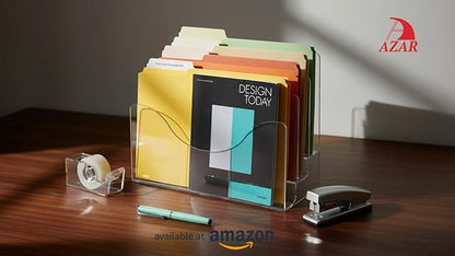Azar Displays 250099 Three Tier File and Brochure Desktop Wall Organizer Holder with Dividers Brochure Display Stand Acrylic Holder, Fits 8.5" x 11" Files, Clear, 1 Pack