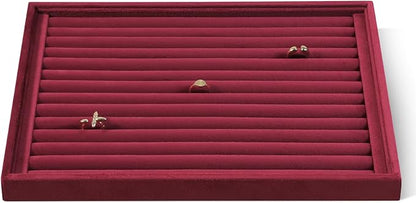 Velvet Ring Display Tray, Stackable Muilt Slot Rings Ear Stud Storage Tray, Drawer Insert Jewelry Accessories Organizers Plate (Red)