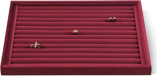 Velvet Ring Display Tray, Stackable Muilt Slot Rings Ear Stud Storage Tray, Drawer Insert Jewelry Accessories Organizers Plate (Red)