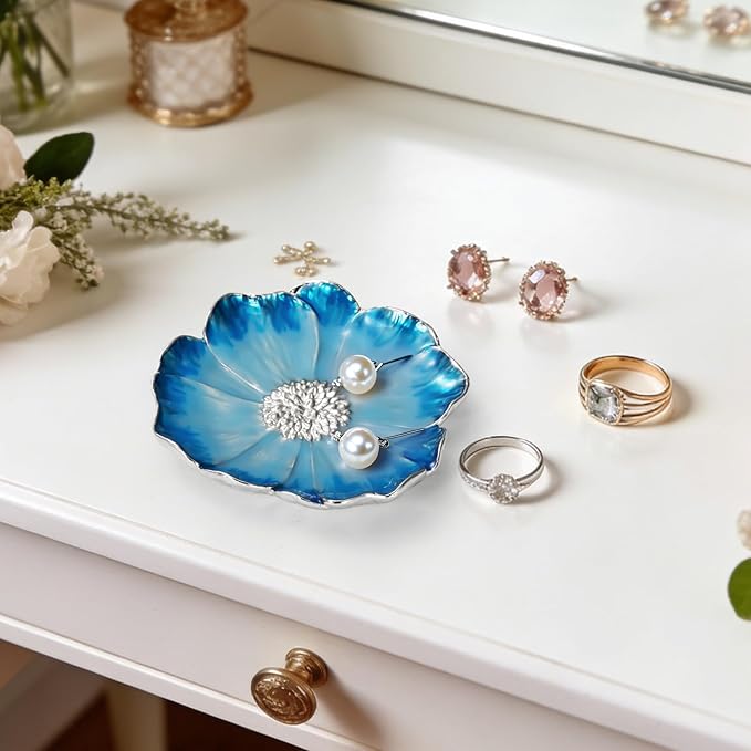 LARAINE Jewelry Dish Display Trinket Tray Flower Home Decorative Organizer Gift Necklace Earring Rings Holder Storage 3.15" (2 Piece Set (Pink+Blue))