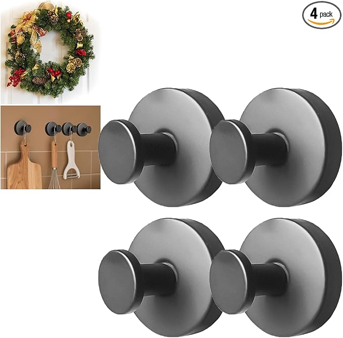 Zloeoa 4Pcs Suction Cup Hooks, Wreath Hangers for Front Door, Strong Hold No Drill Hangers for Bathroom, Kitchen, Glass, Tile, Perfect for Wreaths (Black)