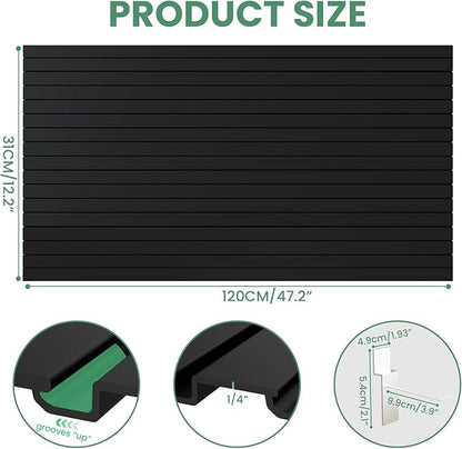 Slatwall Panel Wall Storage Systems, 4x8 ft Slat Wall Paneling Garage Wall Organizer with Six Hooks, Heavy Duty Wall Mounted PVC Wall Rack, Black