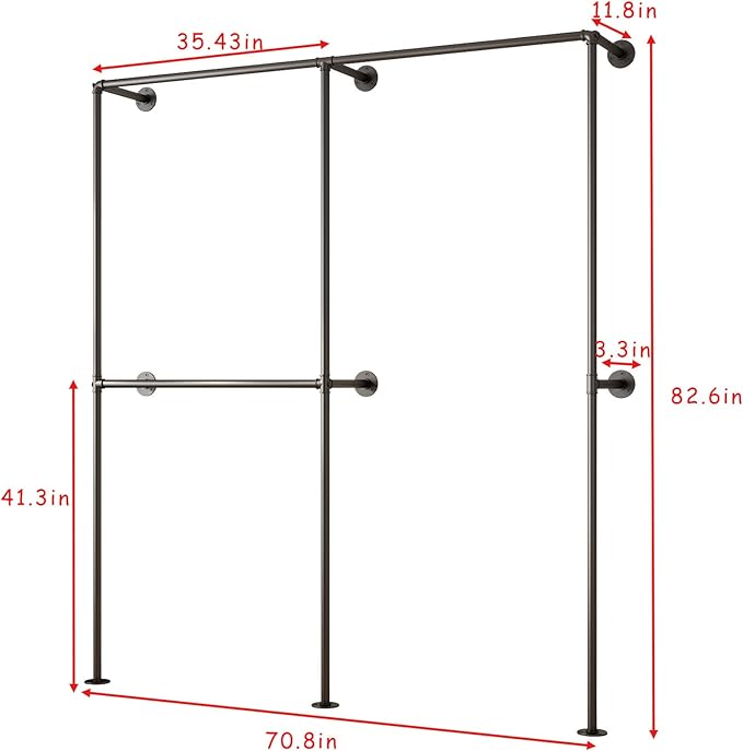 DR.IRON Industrial Pipe Clothing Racks with Double Bar, Industrial Black Clothes Racks Wall Mounted, Heavy Duty Closet Rods for Hanging Clothes Organizer Storage