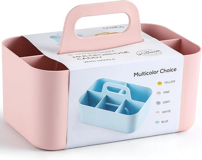 Multiuse Caddy Organizer with Handle - Stackable Plastic Tote Bin - Art Craft Supplies, Office, Desk, Stationery Pen Holder, Kitchen, Utensil, Makeup, Bathroom, Shower, Cleaning, Dorm Organizer - Pink