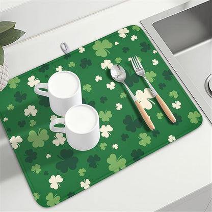 Wnoesat Green Shamrock St. Patrick's Day Dish Drying Mat for Kitchen Counter Lucky Clover large Dish Drying Pad Absorbent Reversible Microfiber Draining Pad Washable Drying Mats 18x24 Inch