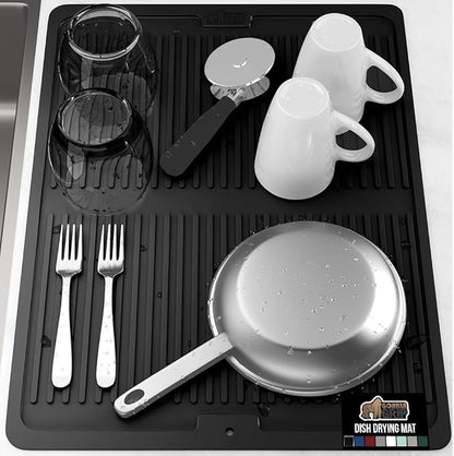 GORILLA GRIP 100% BPA-Free Patented Silicone Dish Drying Mat for Kitchen Counter, 18x24 Inch, Water Catching Ribbed Design, Easy Clean Waterproof Sink Liner, Heat Resistant, Fits Under Rack, Black