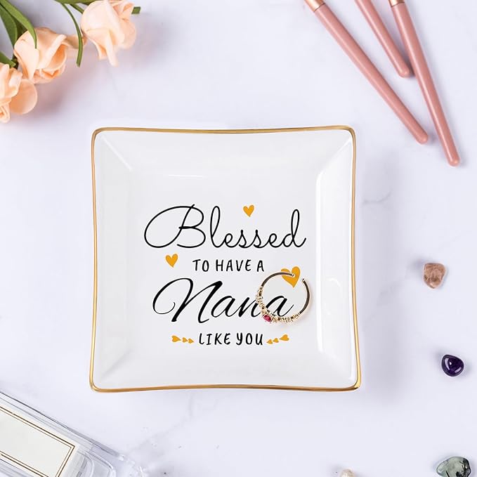 Piudee Nana Gifts, Gift for Nana Jewelry Dish -Blessed to have a nana like you Ring Trinket Dish, Nana Birthday Christmas Mother's Day Gifts, Nana Grandma Gifts from Grandkids Granddaughter