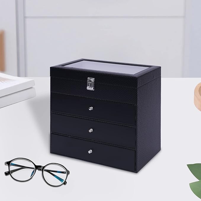 DouSeiAi 4 Layer Sunglasses Organizer, 24 grids of Glasses Sunglasses Storage Box, lockable Eyewear Display Case with Drawer (Black)