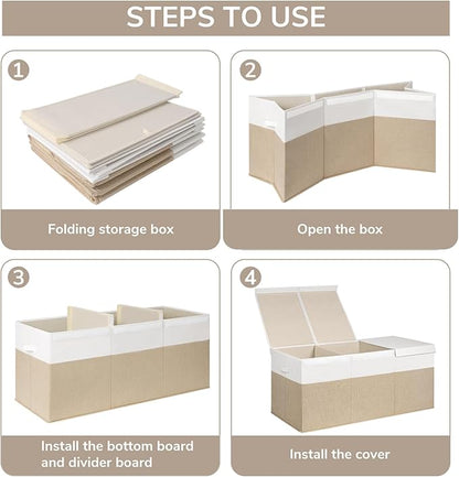 INDRESSME 185L Extra Large Toy Box, Toy Storage Organizer Collapsible Storage Bins with Lids Toy Chest for Playroom, Living Room, Toy Baskets Storage Kids, Boys Girls 39" x 17" x 17" (Beige & White)