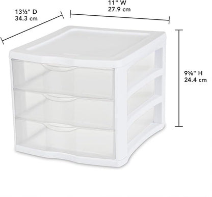 STERILITE 3 Drawer Desktop Storage Unit, Tabletop Organizer for Desk, Countertop at Home, Office, Bathroom, White with Clear Drawers, (Pack of 4)