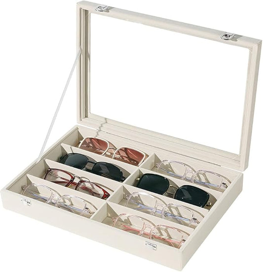 XHMQYC Glasses Holder Box Drawer Sunglass Organizer for Men Clear Wide Storage Case 8 Slots Multiple Reading Glasses Display, Beige Velvet With Clear Glass Lid
