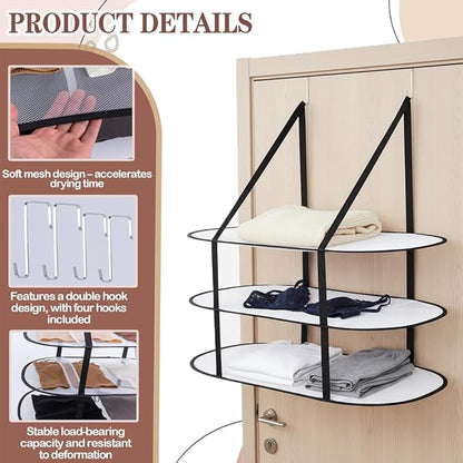 CINPIUK 3-Tier Sweater Drying Rack Over The Door, Foldable Mesh Hanging Dryer Flat with Hooks, Large Breathable Laundry Drying Hanger, Clothes Lay Flat Dryer for Apartments Dorms Bathrooms