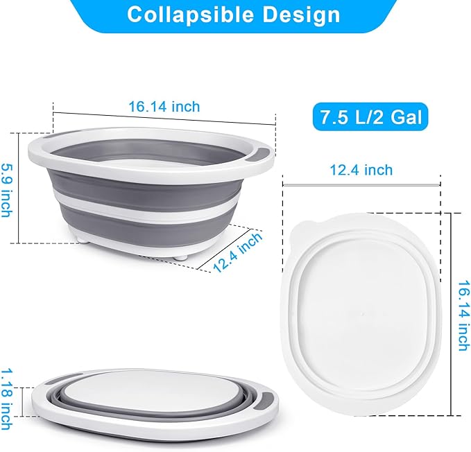 BBQ Prep Tub with Lid, Collapsible Wash Basin 7.5L Dish Tub Sink Basin, 2-in-1 Cutting Board Foldable Dish Pans for Kitchen Sink Camping Picnic Fruits Washing Smoker RV Accessories Kitchen Gadgets