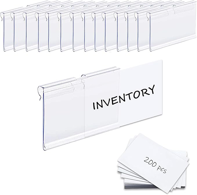 200PCS Basket Bin Labels Clip On,Clear Plastic Wire Shelf Price Tags,Labels for Storage Bins,Merchandise Sign Display Holder, Paper Inserts Included