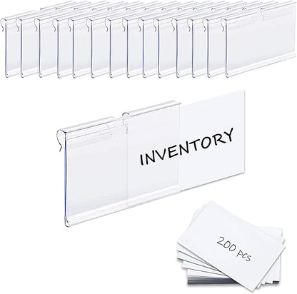 200PCS Basket Bin Labels Clip On,Clear Plastic Wire Shelf Price Tags,Labels for Storage Bins,Merchandise Sign Display Holder, Paper Inserts Included