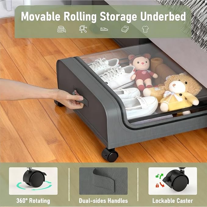 JALUNIVERSAL TRI Under Bed Storage with Wheels, 6.7'' Tall Underbed Storage Containers with Lids - Rolling Bins for Shoes Clothes Blankets (Grey, 2-Pack XXL)