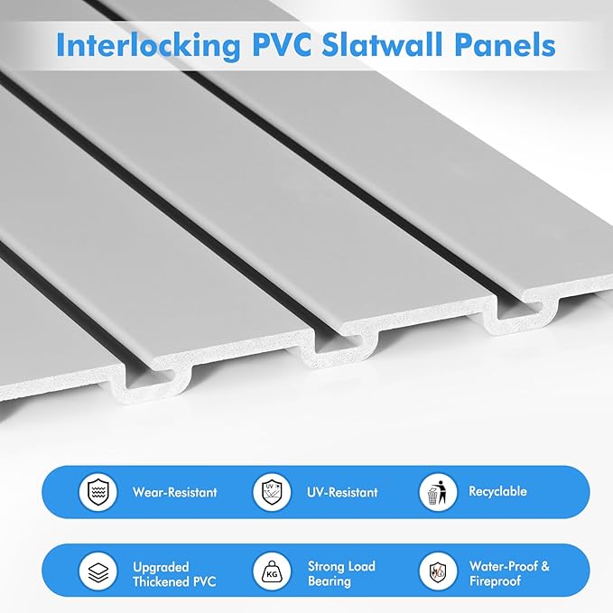 [8x4 Ft²] PVC Slat Wall Paneling, Adjustable Slatwall Panels with Coupling Structure, Slatted Wall Panel System with Customizable Storage Options, DIY Cutting & Easy-to-Install Slatwall Board Shelves