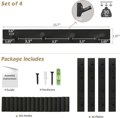 Forbena Black Coat Rack Wall Mount 4-Pack, Rustic Farmhouse Coat Hooks for Wall, Vertical Hanging Hat Rack for Office, Bedroom, Closet, Small Spaces, Kids Room Clothes, Entryway Shoes - 16 Pegs