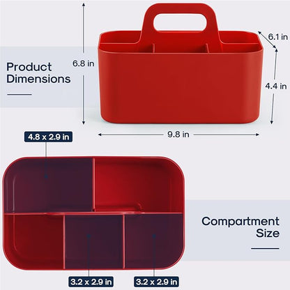 Multiuse Caddy Organizer with Handle - Stackable Plastic Tote Bin - Art Craft Supplies, Office, Desk, Stationery Pen Holder, Kitchen, Utensil, Makeup, Bathroom, Shower, Cleaning, Dorm Organizer - Red