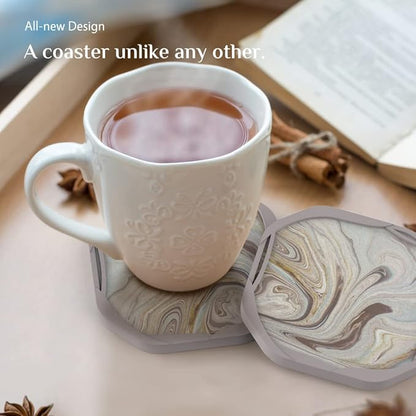 UMIRRO Absorbent Coasters for Drinks with Gold Holder, Silicone Cup Coaster with Felt Insert for Coffee Table Decor, Small Birthday Gift Ideas for Men Dad Him Women Mom Her, 4" Marble Style, Set of 6