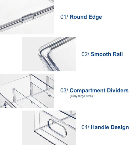 Fridge Drawer Pull Out Stackable Bins, Clear Refrigerator Stackable Organizers, Fridge Organizer Storage for Kitchen, Pantry, Vegetables, Fruits (4 Small)