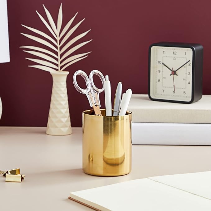 Juvale Desk Organizer Pen & Pencil Holder - 3.2 x 3.9 in, Gold Stainless Steel - Desk Supply Organizer with Gold Pen Cup, Makeup Brush Cup & Vanity Brush Holder