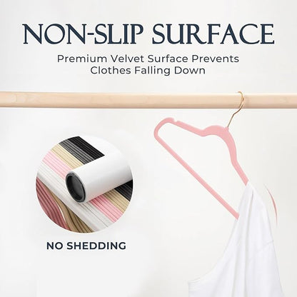 HOUSE DAY Pink Velvet Hangers 120 Pack, Premium Non-Slip Felt Clothes, Sturdy Heavy Duty Coat, Durable Hangers for Suits, Space Saving with No Hanger Mark, 360° Swivel Rotating Rose Gold Hook