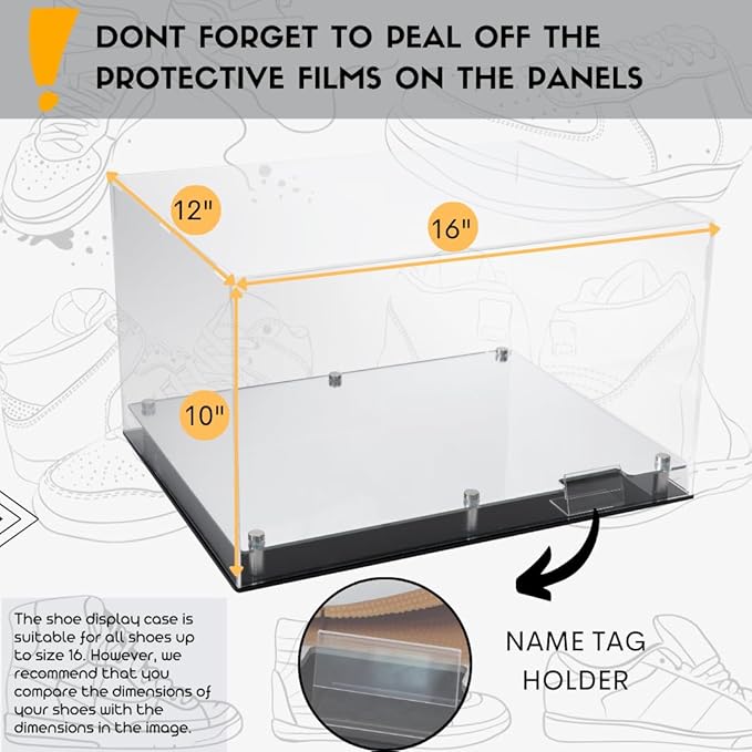 DECOMIL – Shoe Display Case, Acrylic Shoe Display Box, 2 Shoes Display, 16"x10"x12" Clear Display, Mirrored Floor Sports Memorabilia Case