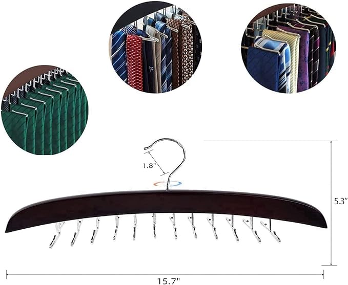 Ytaolis Premium Wood & Sturdy Quality Tie Hanger, 24 Non Slip Metal Hooks, 360 Swivel Design, Anti Slip Grips, Space Saving, Foldable, Black