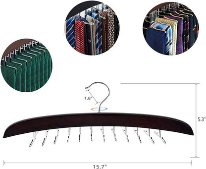 Ytaolis Premium Wood & Sturdy Quality Tie Hanger, 24 Non Slip Metal Hooks, 360 Swivel Design, Anti Slip Grips, Space Saving, Foldable, Black