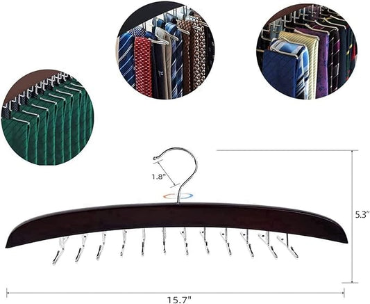 Ytaolis Premium Wood & Sturdy Quality Tie Hanger, 24 Non Slip Metal Hooks, 360 Swivel Design, Anti Slip Grips, Space Saving, Foldable, Black