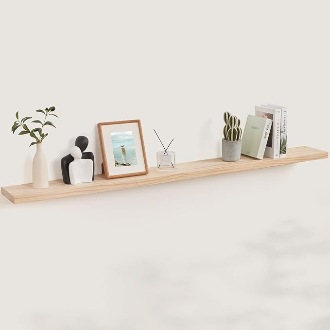 Fun Memories Floating Shelves 72 Inches Long - 8 Inch Deep Rustic Solid Wood for Storage - Farmhouse Wall Mounted for Living Room - Heavy-Duty Metal Bracket - 72" W x 8" D - Natural Unfinished for DIY