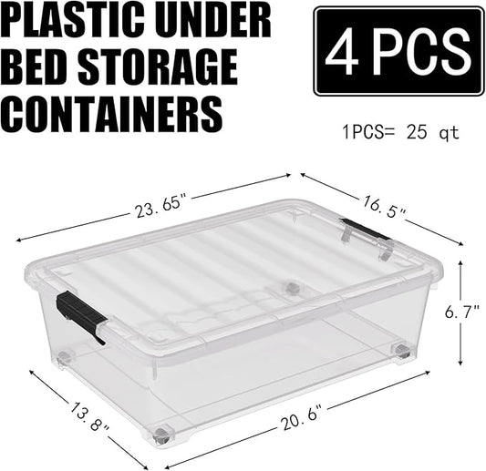 Uumitty 25 Quart Under Bed Clear Latch Bin with Wheel, Plastic Under Bed Storage Box, 4 Pack