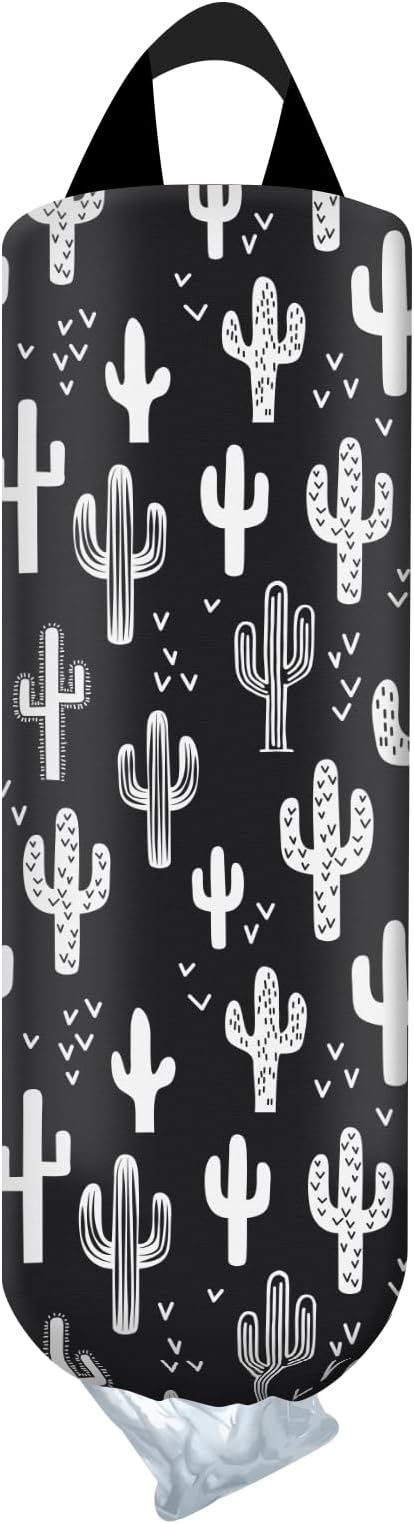 Plastic Bag Holder, Wall Mount Grocery Bag Organizer, Funny Hanging Trash Bag Storage Dispenser for Home Kitchen Black White Cactus