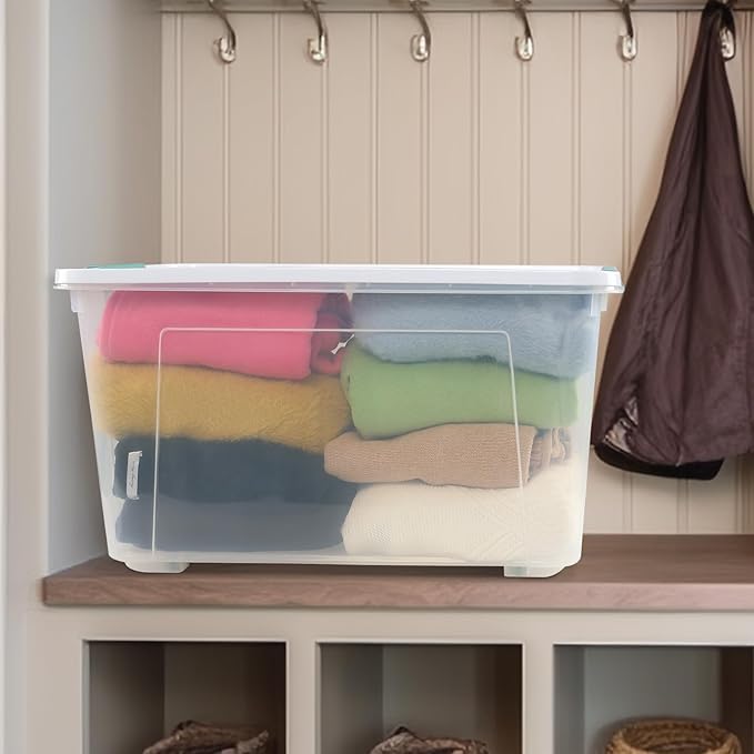 Cinkyou 85 L Clear Latch Storage Bin with Lid and Wheels, Stackable Plastic Storage Boxs, 4 Packs