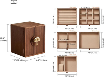 Homruilink Wooden Jewelry Box 5 Layer Black Walnut Large Jewelry Organizer with Brass Handle for Necklaces Rings Earrings Watches Storage, Valentines Day Gifts for Her(7.9x8.7x10.0inches)