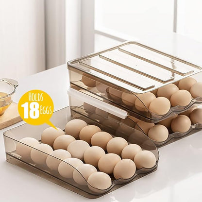OnDisplay Stackable Acrylic Gravity Egg Tray Holder for Fridge - Food-Safe PET Refrigerator Storage Bin for Eggs (Brown, Set of 3 Trays)