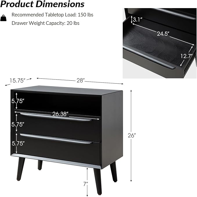 HULALA HOME End Table with Charging Station, Mid-Century Modern 2 Drawer and Open Shelf, Fluted End Table（Black）