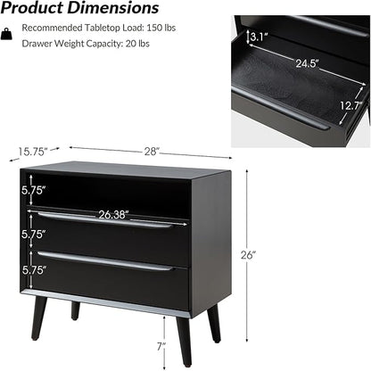 HULALA HOME End Table with Charging Station, Mid-Century Modern 2 Drawer and Open Shelf, Fluted End Table（Black）