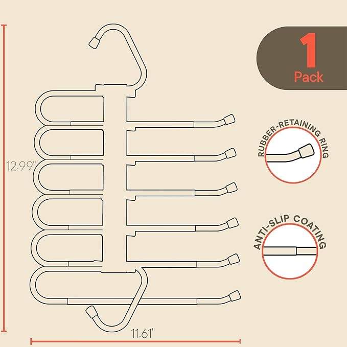Campior Space Saving Pants Hangers 1 Pack, 6 Layer Jeans Hangers and Closet Organizer for Jeans, Scarves, & Skirts, Multi-Layer Hanger with Anti-Slip Stopper, Heavy-Duty S-Type Stainless Steel, Gray