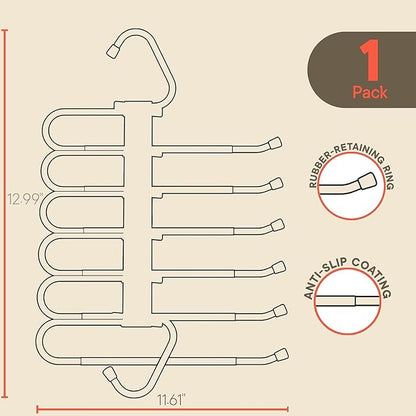 Campior Space Saving Pants Hangers 1 Pack, 6 Layer Jeans Hangers and Closet Organizer for Jeans, Scarves, & Skirts, Multi-Layer Hanger with Anti-Slip Stopper, Heavy-Duty S-Type Stainless Steel, Gray