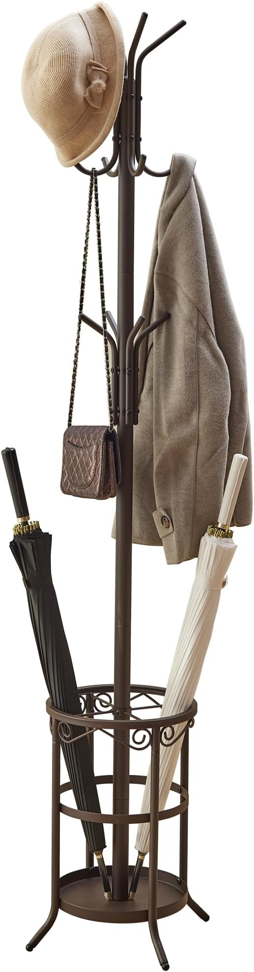 GHWIE Coat Rack Freestanding, Coat Tree with Umbrella Holder, Metal Coat Rack Stand with 12 Hooks, Standing Coat Hanger Stand, Umbrella Stand for Entryway, Hat Rack Stand for Home Office, Brown
