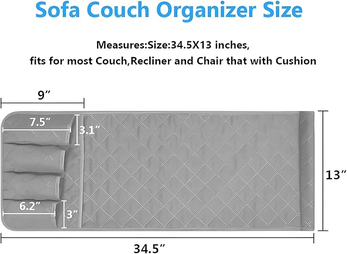 AUVCAS Sofa Armrest Organizer Non-Slip Arm Chair Bedside Caddy Storage Organizer for Recliner Couch with 5 Pockets for Cell Phone TV Remote Control Magazines (Grey)