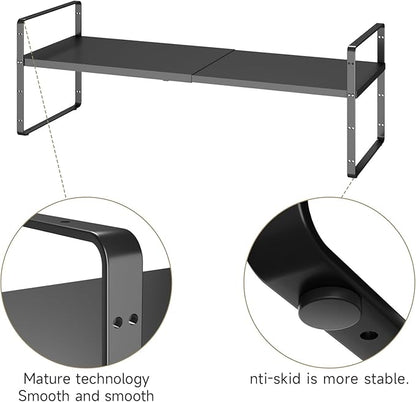 16.5~27.1" Expandable Shelf Organizer, 1Pack 8.1" Wide Stackable Cabinet Shelf Organizers, Black Metal Sturdy Kitchen Counter Storage for Countertop, Adjustable Height Spice Rack