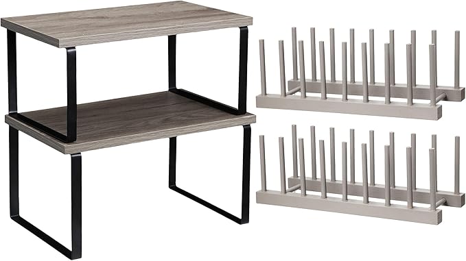 Marsui 4 Pcs Kitchen Organizer Accessories Set Cabinet Organizer Shelf and Bamboo Dish Drying Plate Rack Counter Shelves Storage Holder for Spice Rack, Dish, Pot Lid, Bowl, Cup (Gray)