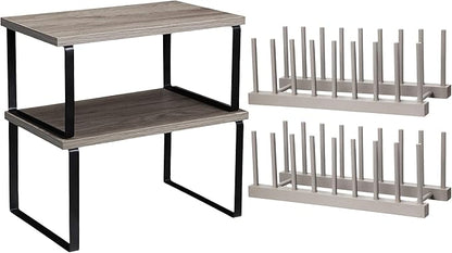Marsui 4 Pcs Kitchen Organizer Accessories Set Cabinet Organizer Shelf and Bamboo Dish Drying Plate Rack Counter Shelves Storage Holder for Spice Rack, Dish, Pot Lid, Bowl, Cup (Gray)